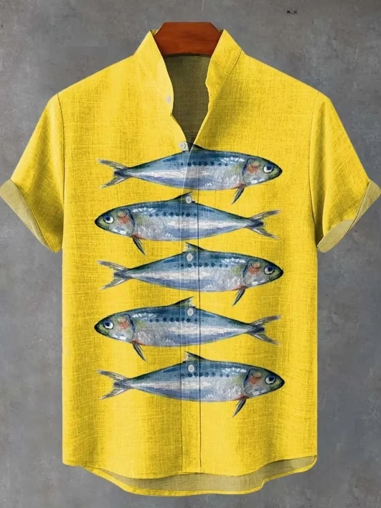Men's Summer Tops Casual Art Fish Pattern Printed Comfortable Short Sleeved Shirt Button Up Tops New Fishing Enthusiast Clothes