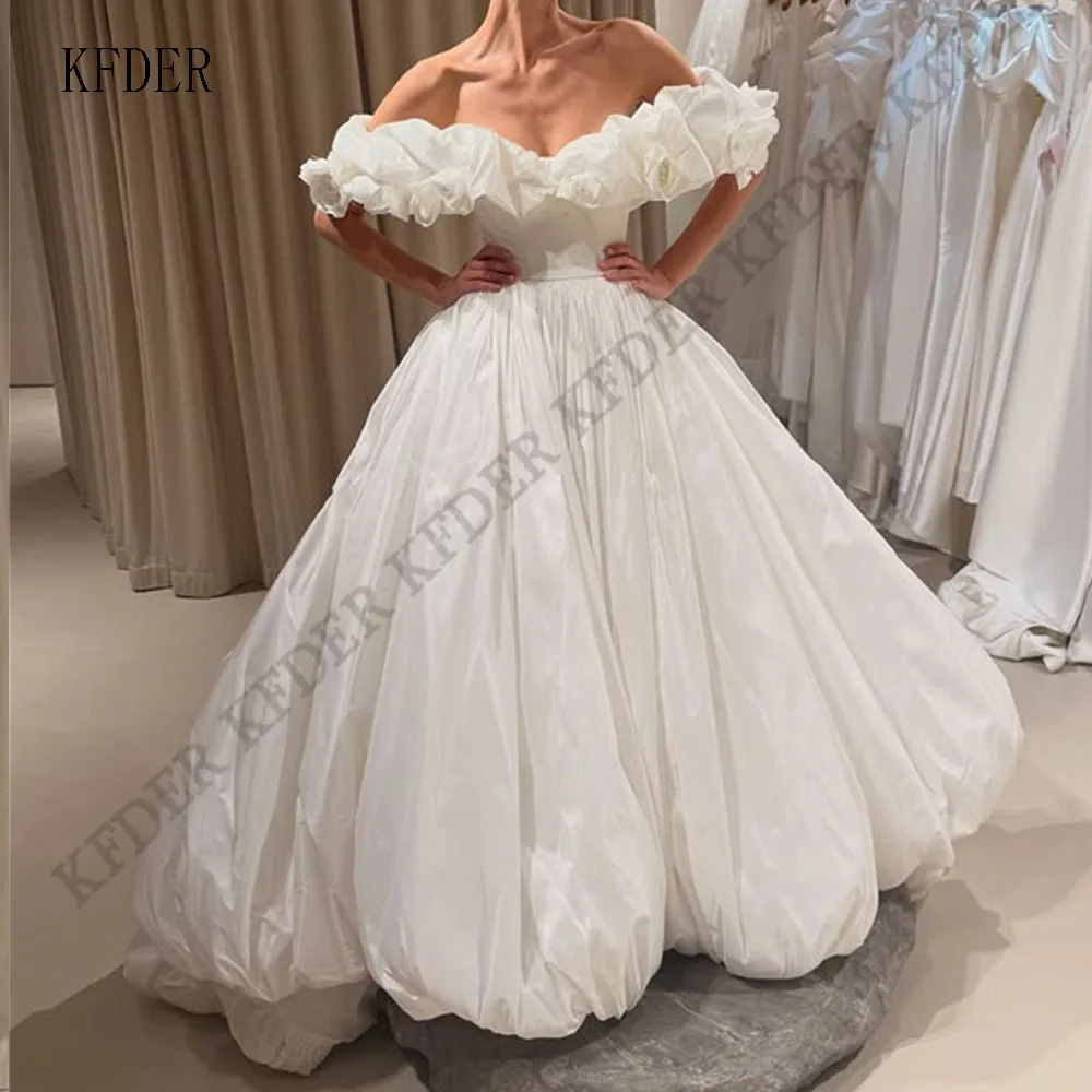 Generous Customized A-Line Taffeta Wedding Dresses Off The Shoulder Flower Lace Bridal Dress Formal Long Wedding Ball Prom Gowns