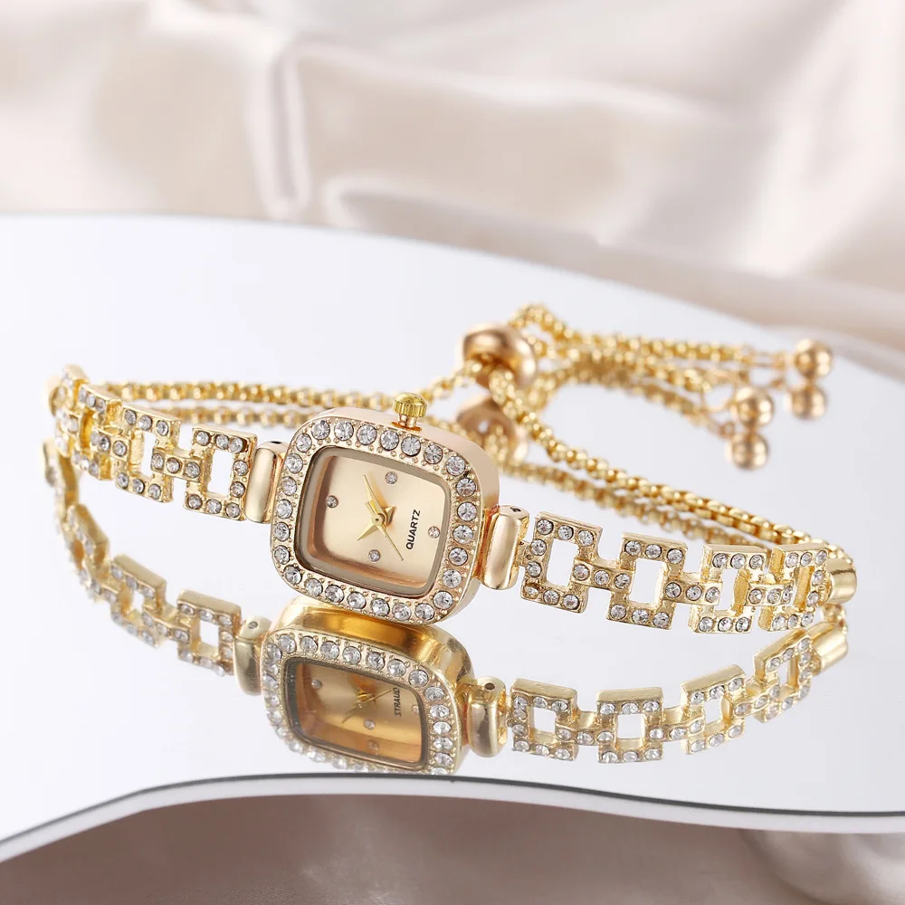 

Роскошные женские квадратные часы с бриллиантами, элегантные кварцевые часы-браслет, регулируемые модные золотые женские часы из нержавеющей стали, подарок