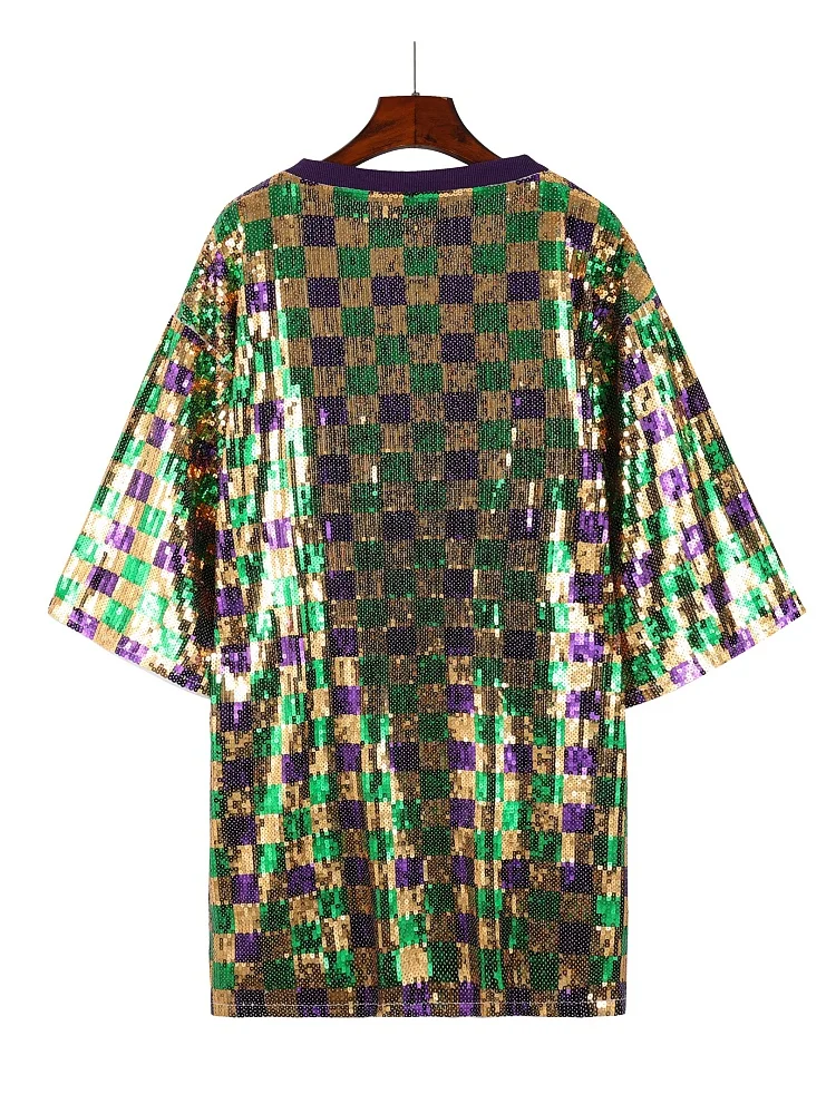 Robe de soirée à paillettes Mardi Gras pour femmes, col rond, demi-manches, t-shirt court et ample, robe carrée à paillettes géométriques