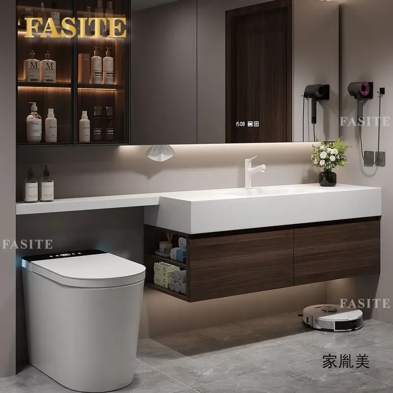 Modern Bathroom Vanity Cabinet with Integrated Rock Slab Sink Hot Bending Washbasin Unit Space Saving Toilet Extension