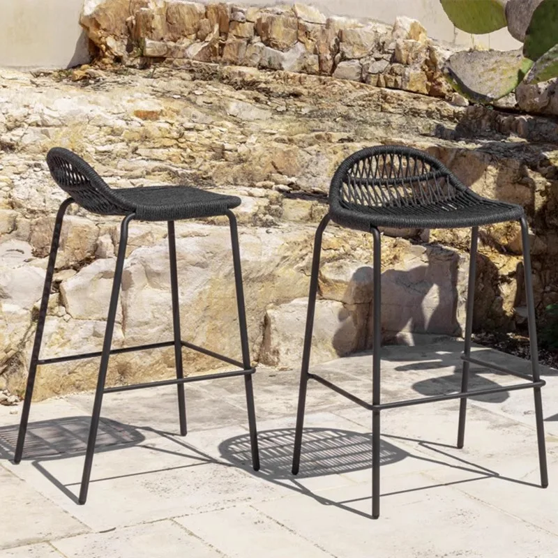 Outdoor Bar Chair Rattan Cafe Milk Tea Shop Bar High Chair Hotel Villa Bar Solid Wood Rattan Table and Chair Combination