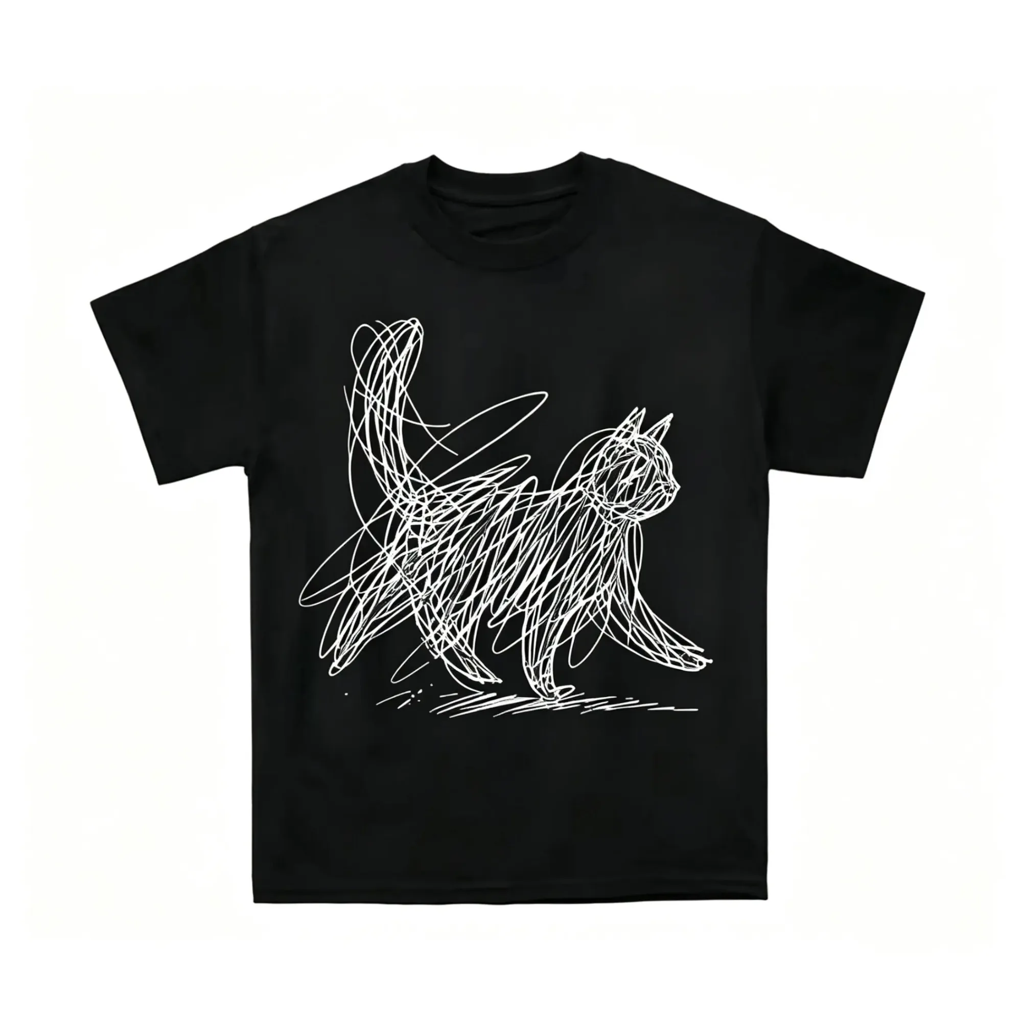 Abstract Sketch Cat T-Shirt Men Women Minimalist Line Art Animal Print Casual Streetwear Cat Lover Short Sleeve Daily Basic Tops