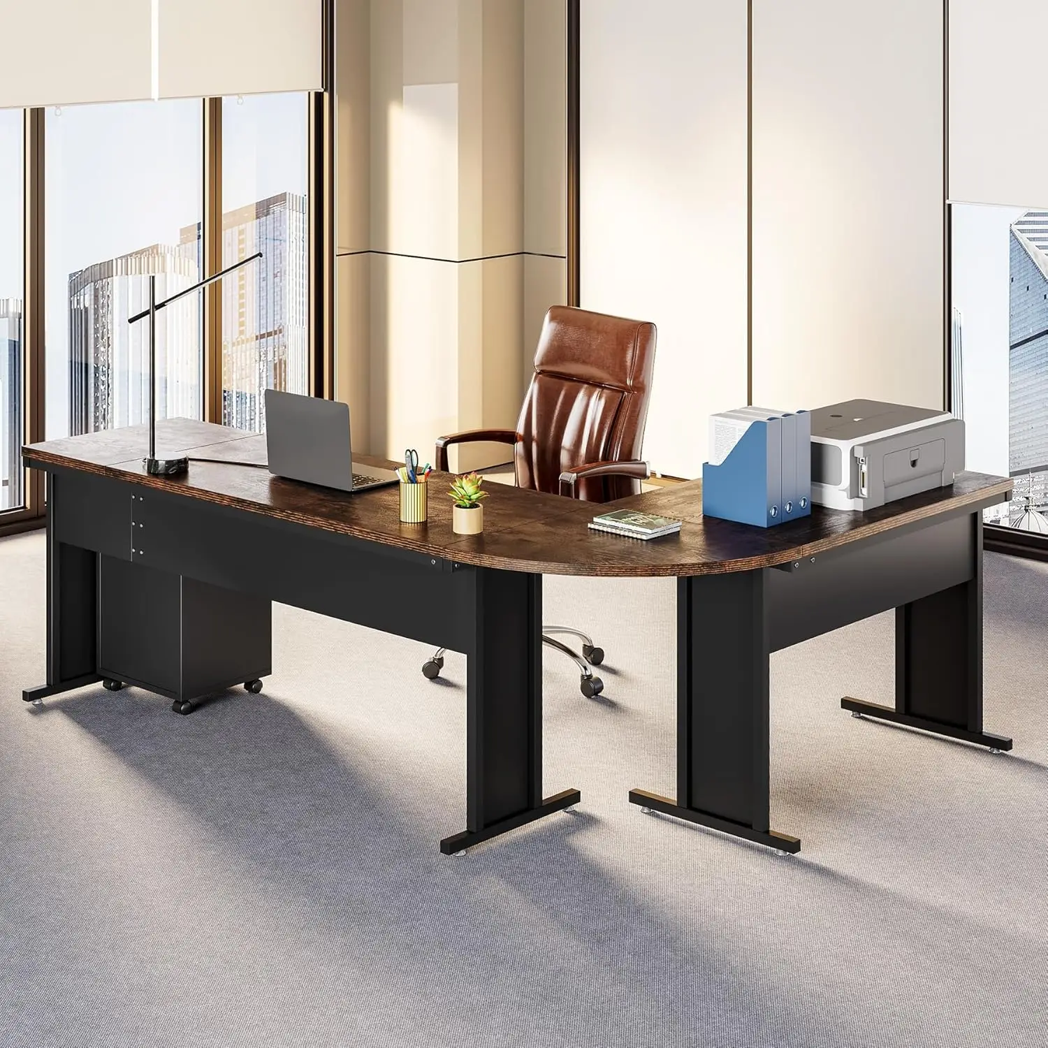 مكتب مكتب على شكل حرف L مقاس 83 بوصة مع أدراج، مكتب تنفيذي كبير مع مساحة تخزين، مكتب كمبيوتر خشبي مع خزانة ملفات #5