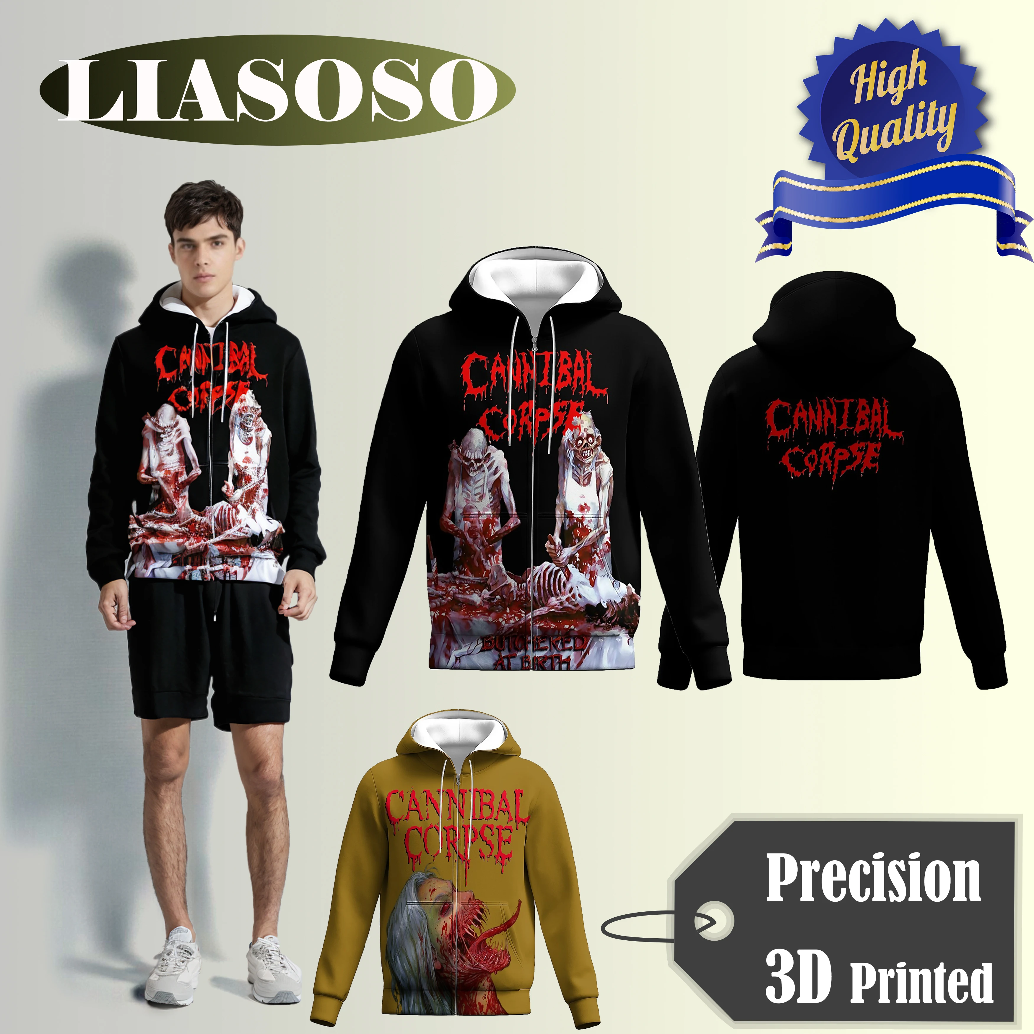 LIASOSO CANNIBAL CORPSE Brutal Death Metal Band Zip-Up Hoodie 3D Printed Harajuku Heavy Metal Hip Hop Sweatshirt for Men & Women