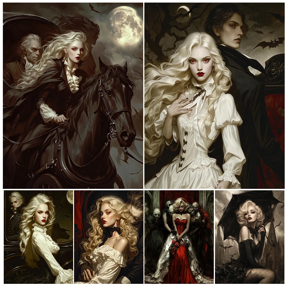 

Beautiful Blonde Vampire Illustration Wall Art Canvas Painting,Victorian Vampire Girl Gothic Art Poster And Print Home Decor