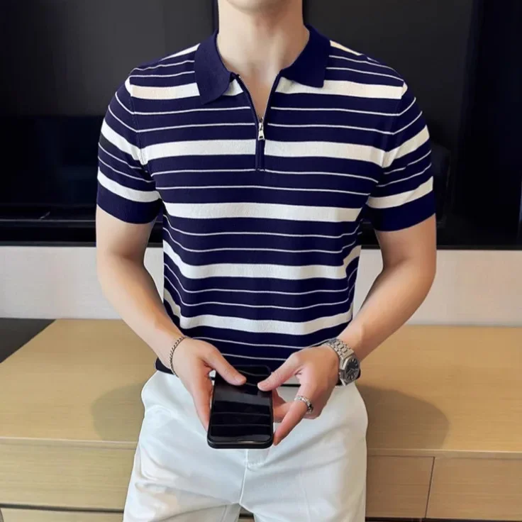 American New Fashion Summer Men's Striped Turn-down Collar Half Zipper Short Sleeve Color-coded Polo Shirts Male Clothes Tops