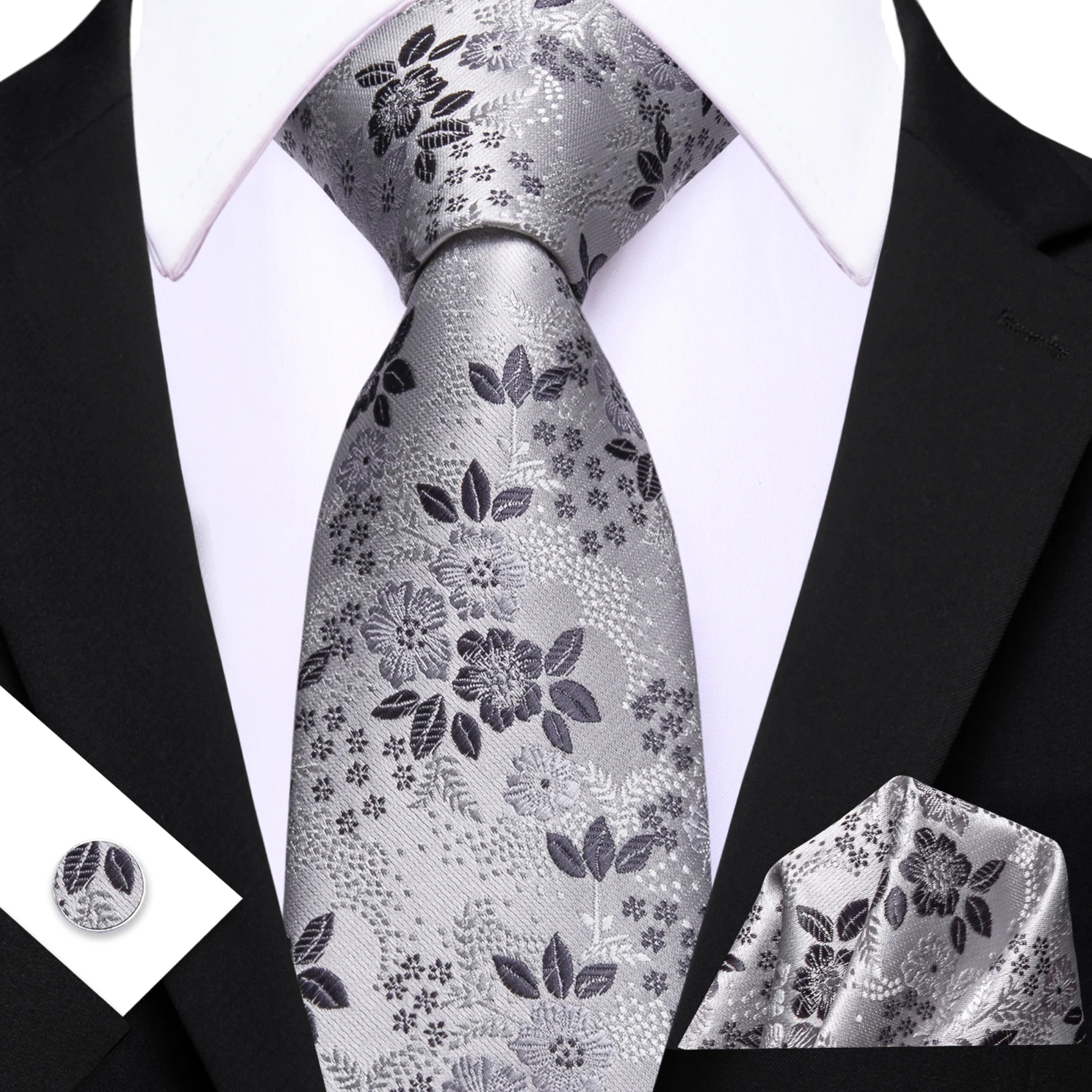 Herren-Krawatte, klassisch, grau, braun, rot, Blumenmuster, Jacquard, modische Krawatten, Einstecktuch, Manschettenknopf-Set, Hochzeit, Party, Event