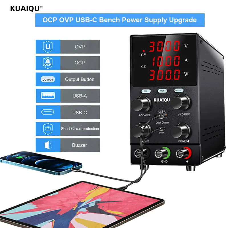 OCP OVP USB-C Bench Power Supply 30V 5A 10A Upgrade Workshop Power Supply 60V Laboratory Regulated Power Supply Variable Output