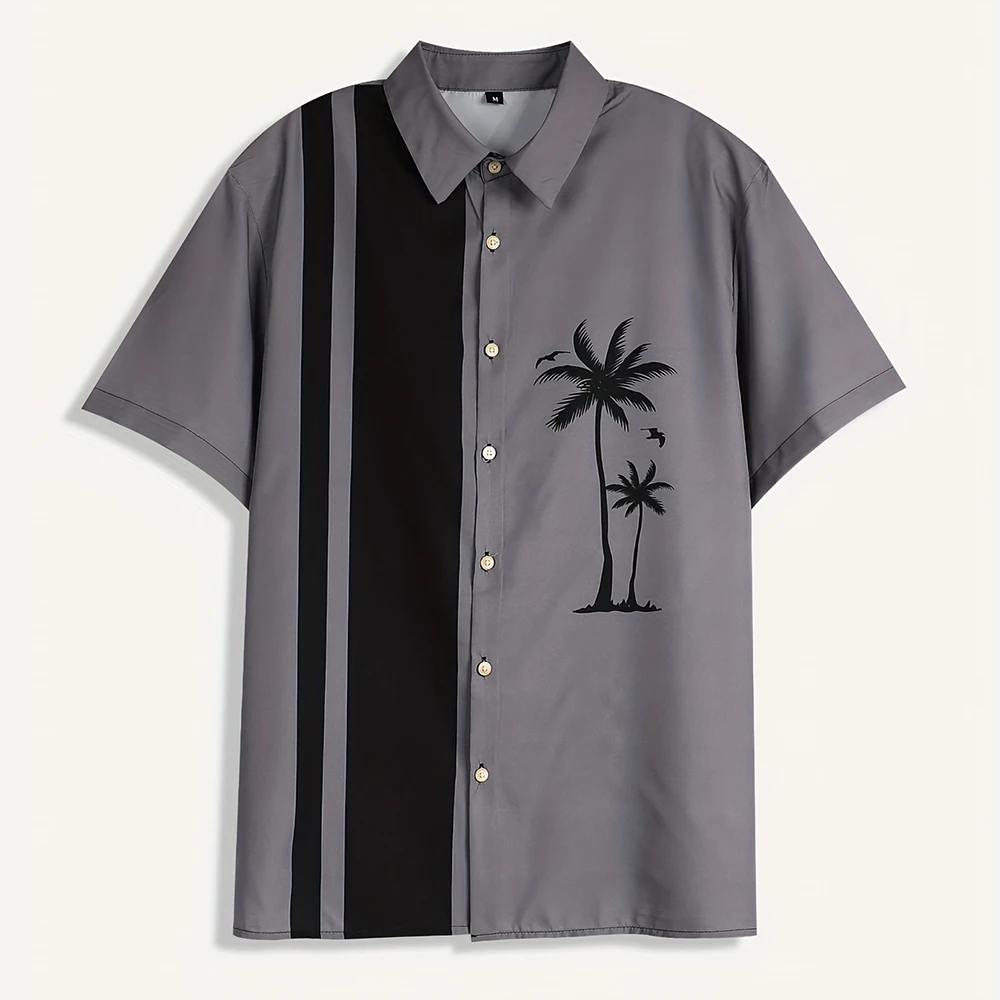 

Men'S Shirt Coconut Print Striped Shirt Hawaiian Vacation Top Large Size Baggy Top Fashion Lapel Short Sleeve Button Down Shirt