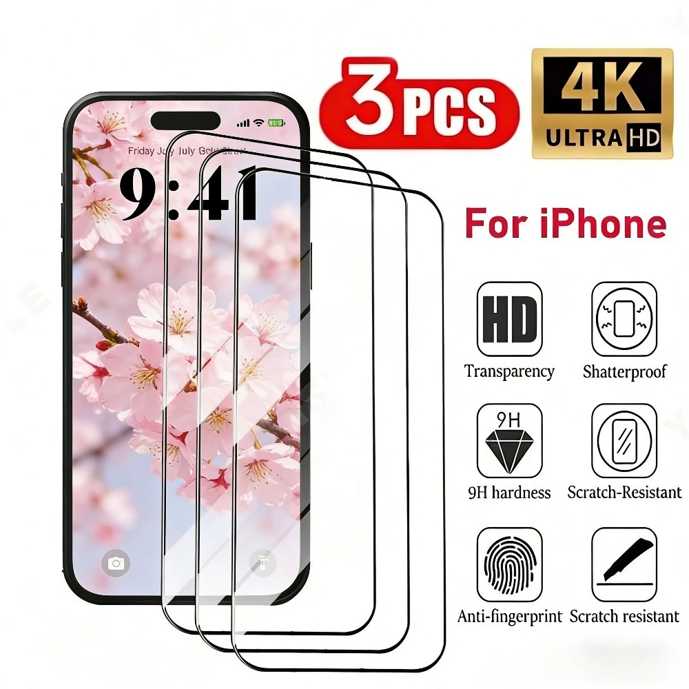 

3Pcs High Clear Tempered Glass for iPhone 17 16 15 14 Pro Max Air 16e Screen Protector for iPhone 13 12 11 Pro 14 15 Plus XS XR