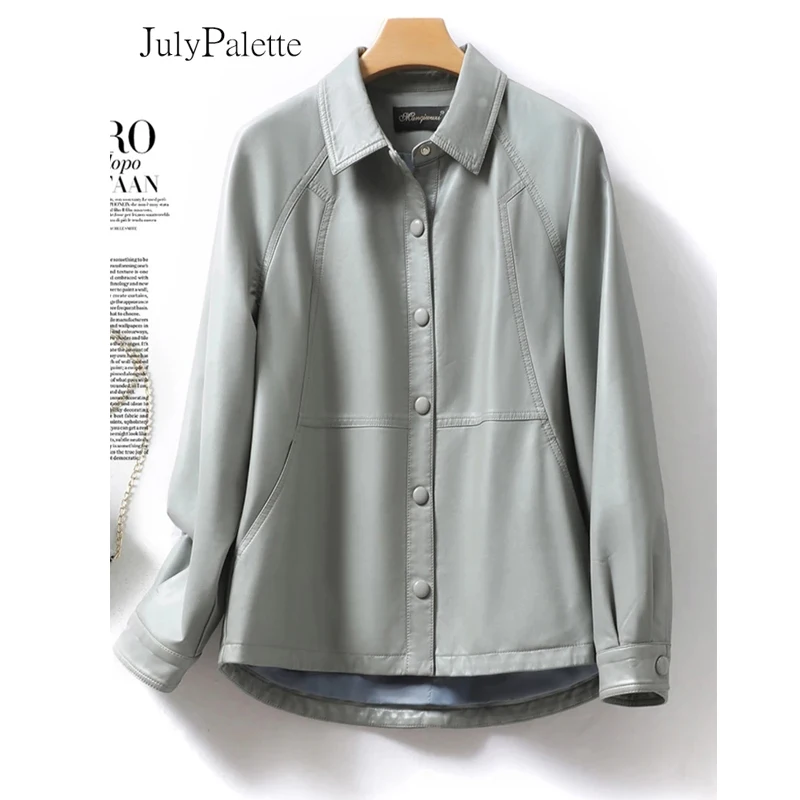 Julypalette M-5XL Women's Covered Button Lapel Sheepskin Jackets Coats Split Leather Female Fall Winter Leather Outerwear 2022