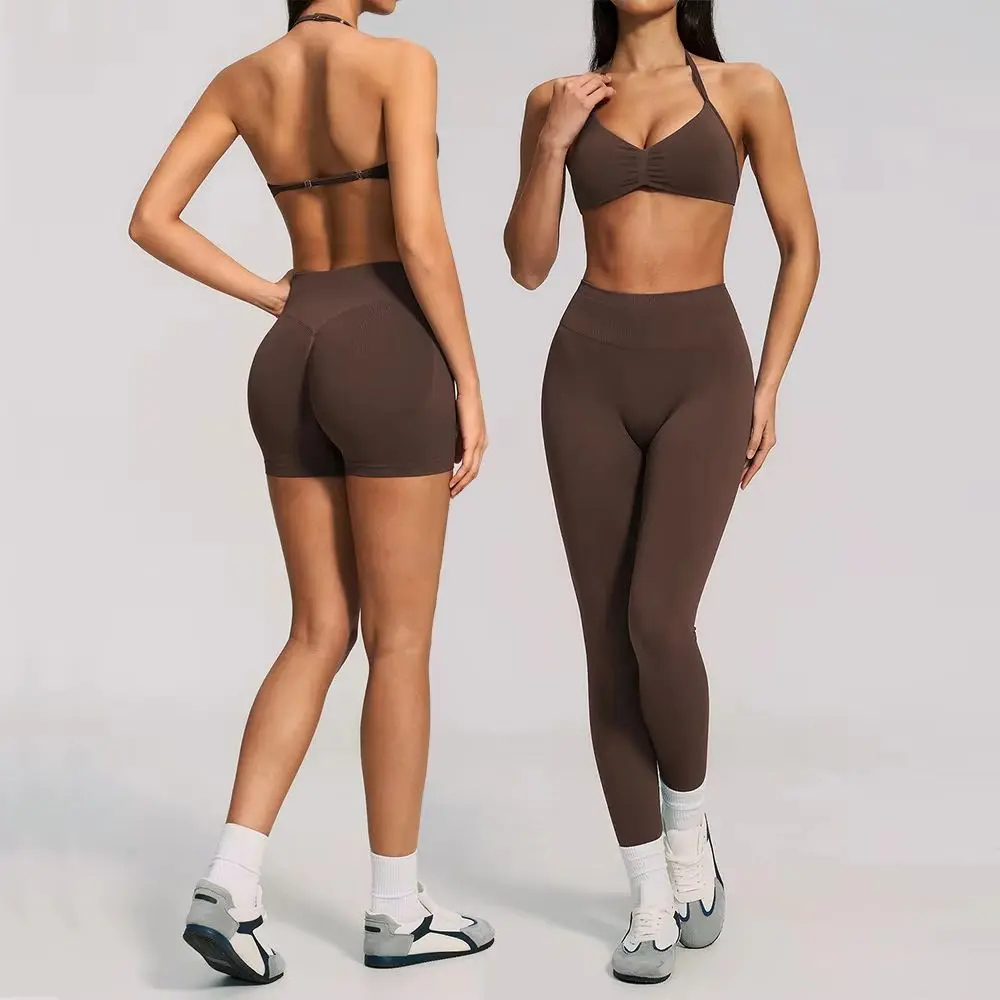 Seamless Ribbed 2PCS Yoga Outfit Halter Sports Bra Butt Lifting Pants Shorts Gym Clothing Fitness Training Workout Athletic Wear