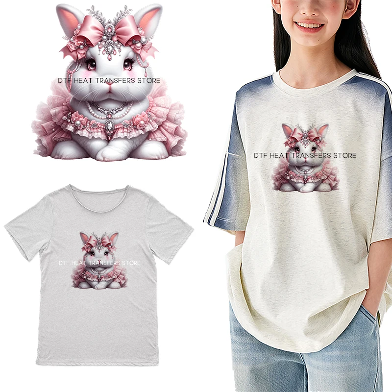 The cute rabbit is wearing a princess skirt dtf transfers ready to press patches for Children's clothing iron on heat transfer