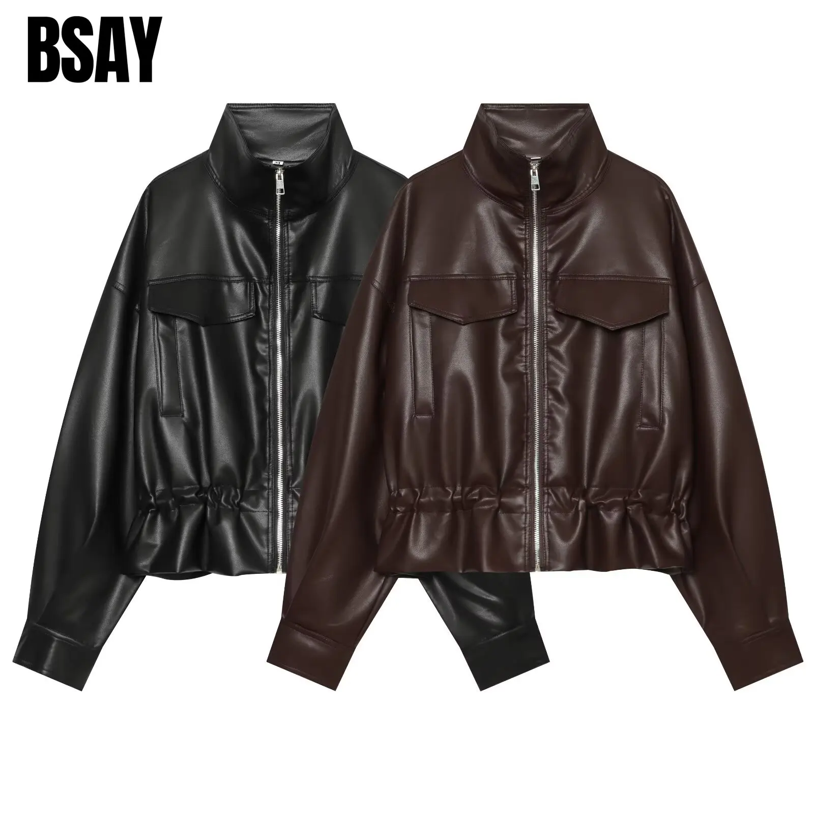BSAY Vintage PU Leather Cropped Jacket Women Stand Collar Zip Up Drawstring Adjustable Waist Multi Pocket Streetwear Outerwear
