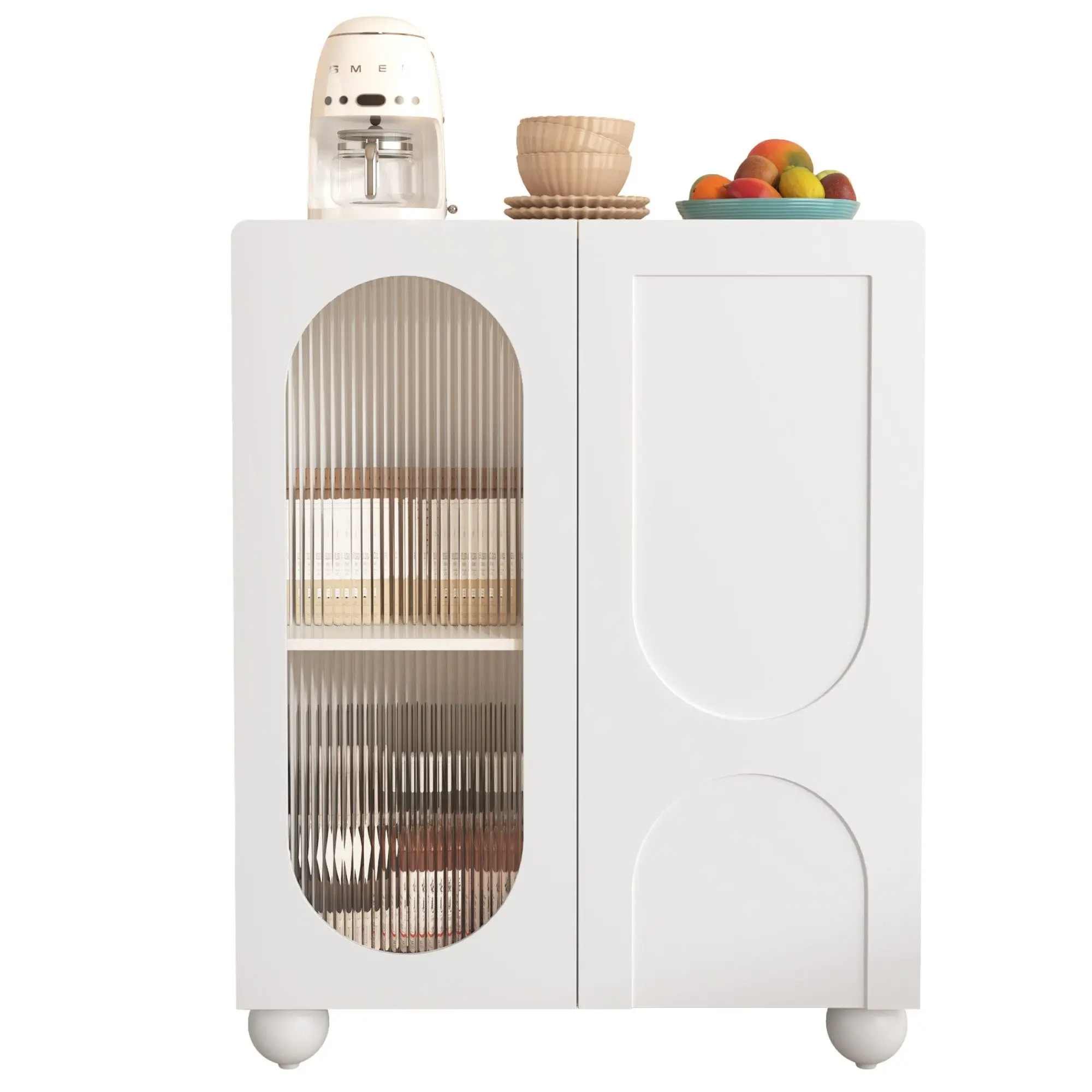 

Skandi Navis Ches Weißes Flair-Side Board Mit Elegantem Design Mit Glas Details Und Sphärischen Füßen