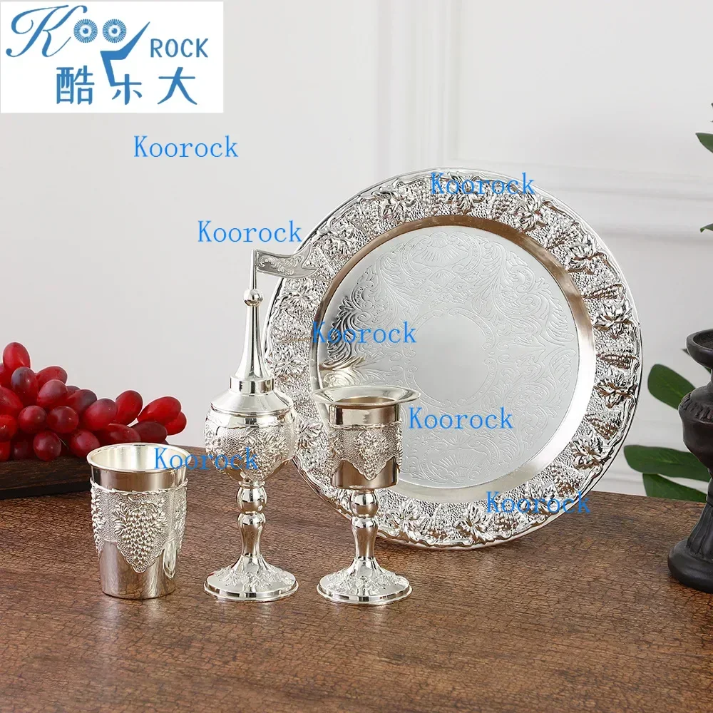 Kiddush high foot cup and tray, Havdalah candle holder, Besamim spice box Havdalah 4pcs set, suitable for the end of the Sabbath