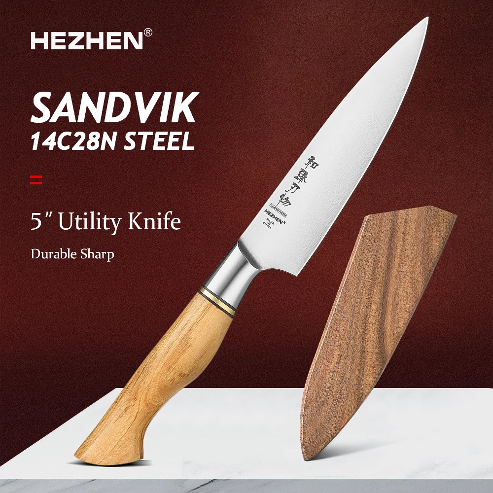 HEZHEN Master Series 5 Inches Sandvik 14C28N Steel Utility Knife Kitchen  Knives Olive Wood Handle cut vegetable and salad