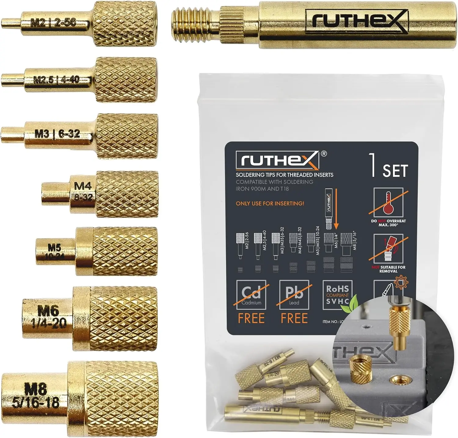 7X Soldering Tips/Heat Set Insert Tips - for Thread Inserts M2 / M2.5 / M3 / M4 / M5 / M6 / M8 - #2-56 / #4-40/ #6-32/ #8-32/ #10-24 1/4" and Soldering Iron Adapter 900M / T18