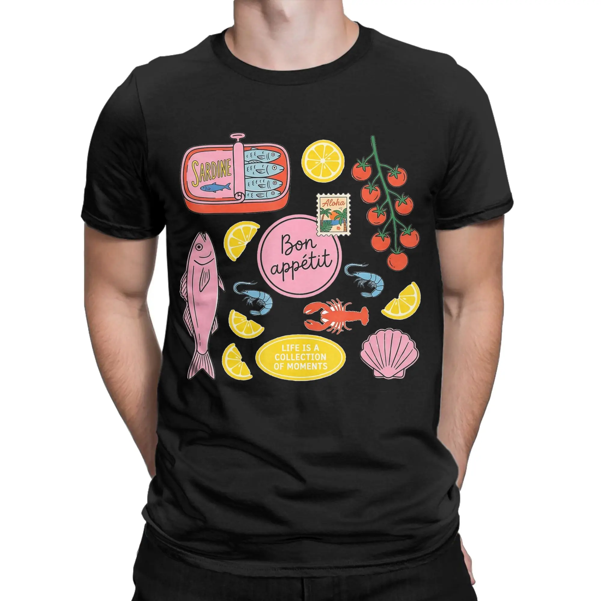 Seafood Collage Bon Appetit Vintage Mediterranean Foodie T-Shirt Beach  Funny T Shirts Pure Cotton Novelty Tshirt For Mens Tees