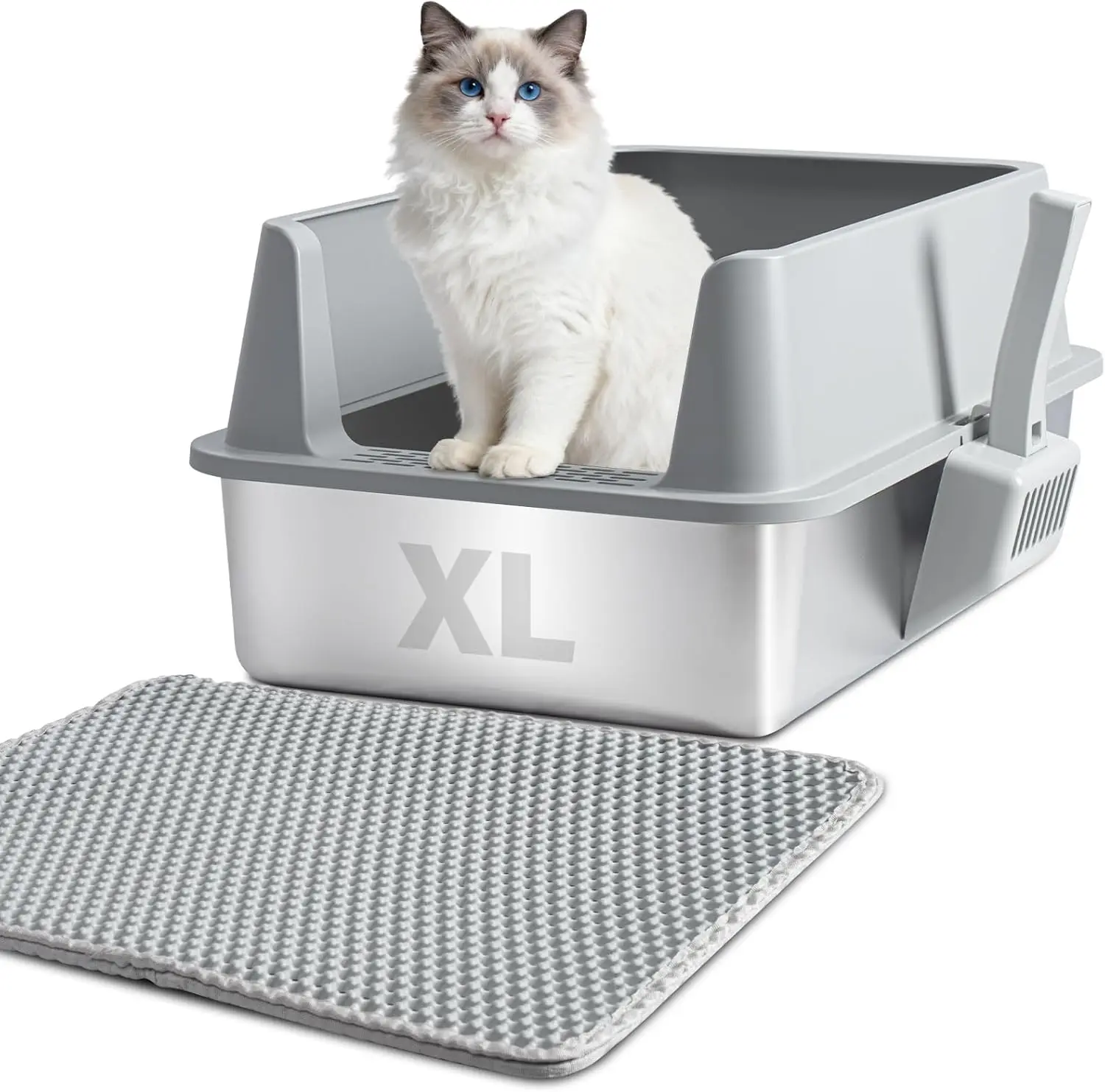 

Большой лоток для кошек из нержавеющей стали XL с крышкой, высокими бортиками, ковриком и совком, легко чистится, N