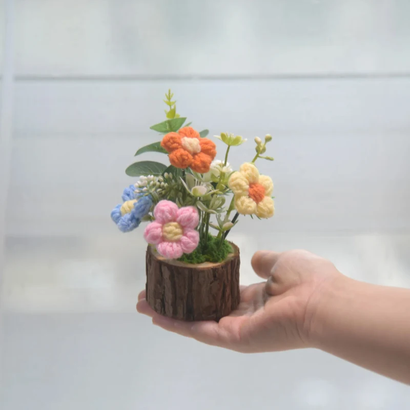 Handmade Crochet Flowers Potted Ornament Car Center Console Decor Cartoon Knitting Flowers Potted DIY Decoration Accessories