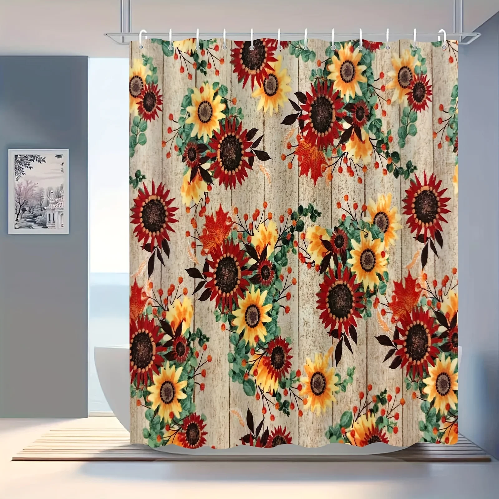 Jit1pc Vintage Style Sunflower Wooden Panel Shower Curtain, Luxurious And Fog-Resistant Bathroom Curtain, Versatile Curtain, Bat