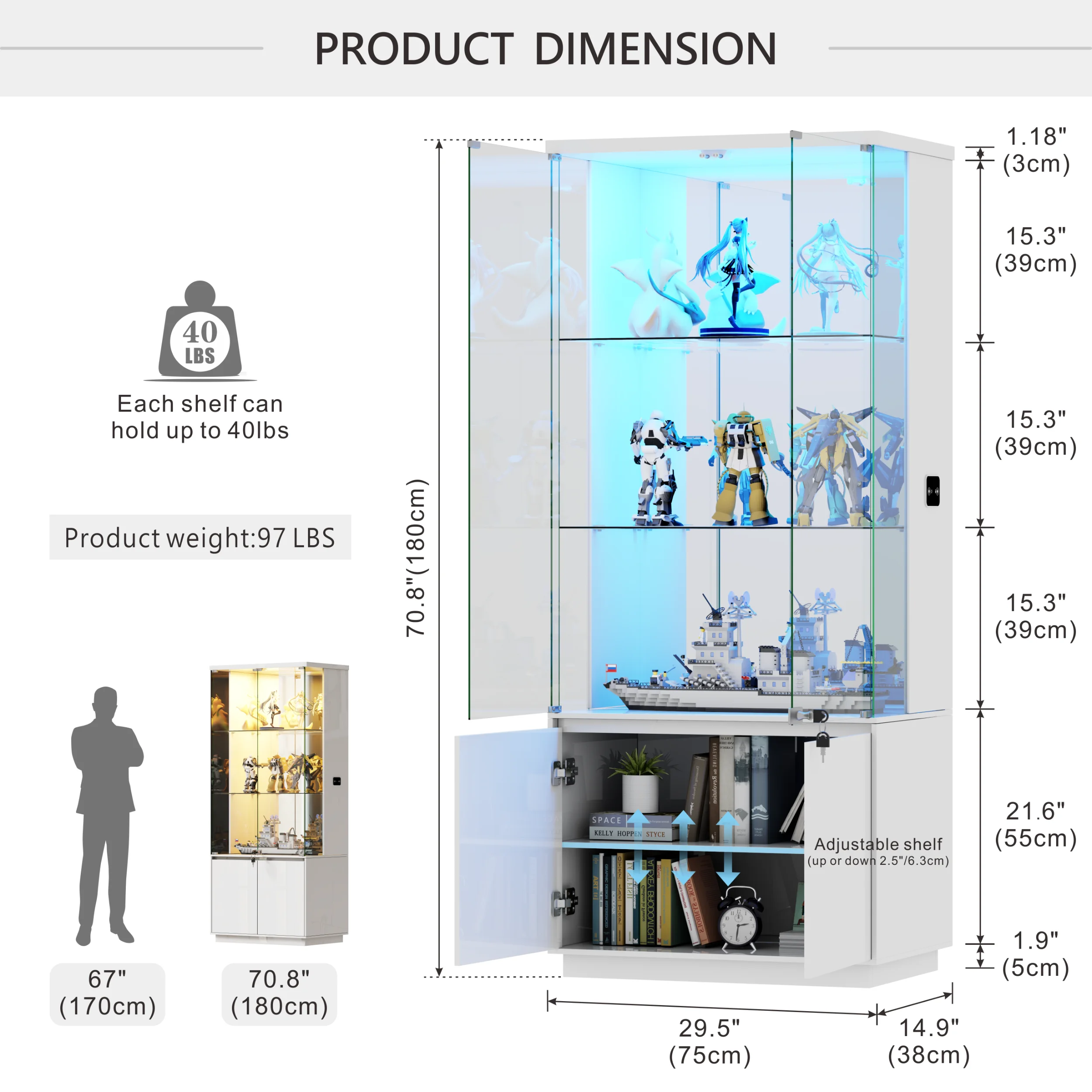 JDPAG خزانة عرض زجاجية مقاس 71 بوصة مع أضواء، وحافظات عرض خزانة التحف الحديثة للمقتنيات #6