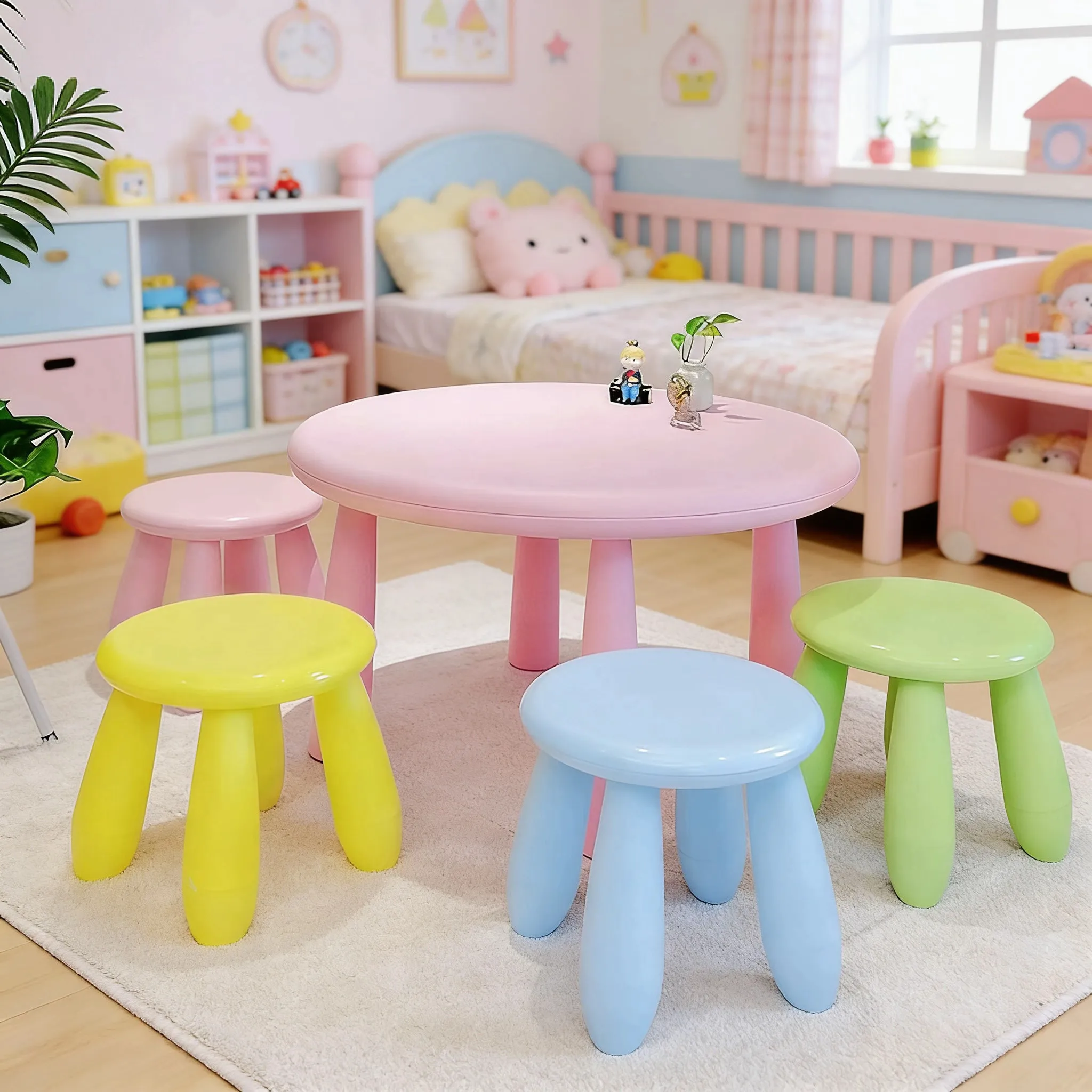 

Children's raised table round table plastic kindergarten table and stool pink cute study and chair set primary school