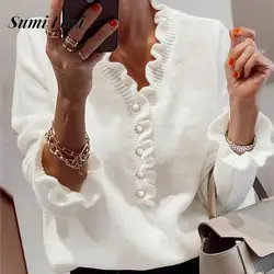 Sexy V-neck Contrasting Ruffle Sweater Tops Women Fashion Button Solid Pullover Jumper Casual Long Sleeve Loose Commuter Knitted