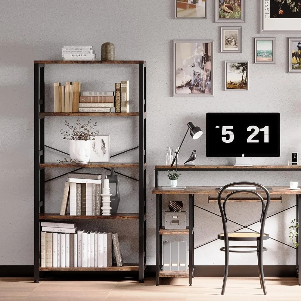 

Bookshelves and Bookcases, 31.5in Wide Shelf 5-Tier Ladder Shelf 110lbs/shelf Vintage Industrial Style Bookcase for Bedroom
