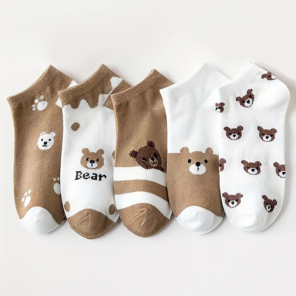 

5 Pairs Of Cartoon Bear Pattern Socks Cute And Breathable Ankle Socks Women S Stockings And Socks