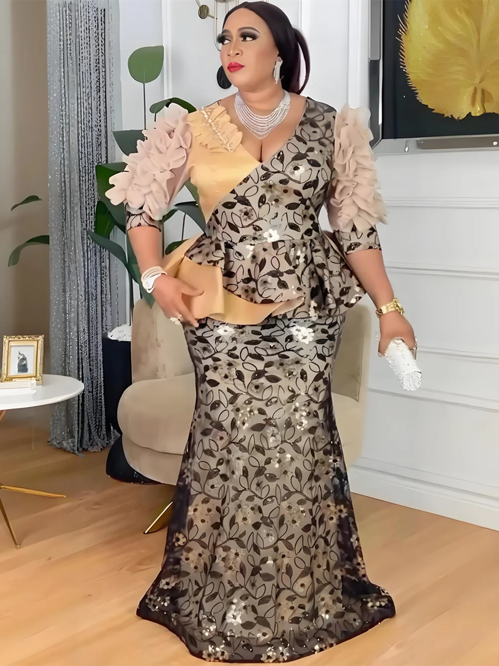 

Plus Size African Party Dresses for Women Dashiki Sequin Sexy Bodycon Long Dress Elegant Fashion Muslim Wedding Evening Gown