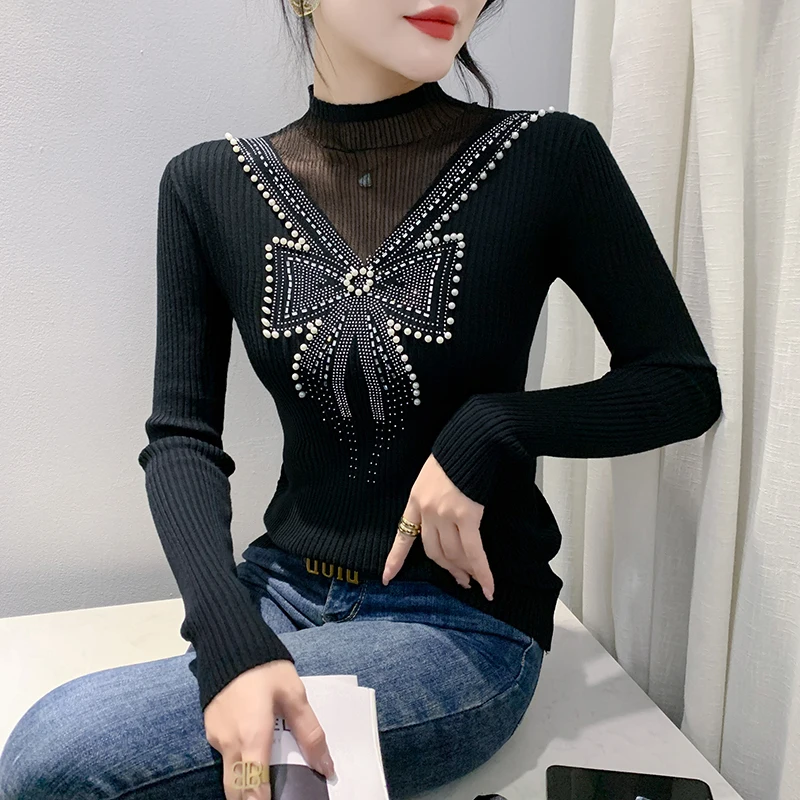 #4326 Autumn Winter Black Knitted Sweater Women Half High Collar Split Joint Mesh France Style Woman Sweater Pullovers Diamonds