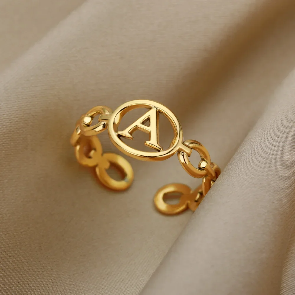 Stainless Steel Hollow Initial Rings For Women Gold Color A-Z Letter Open Adjustable Ring Female Aesthetic Wedding Jewelry Gift
