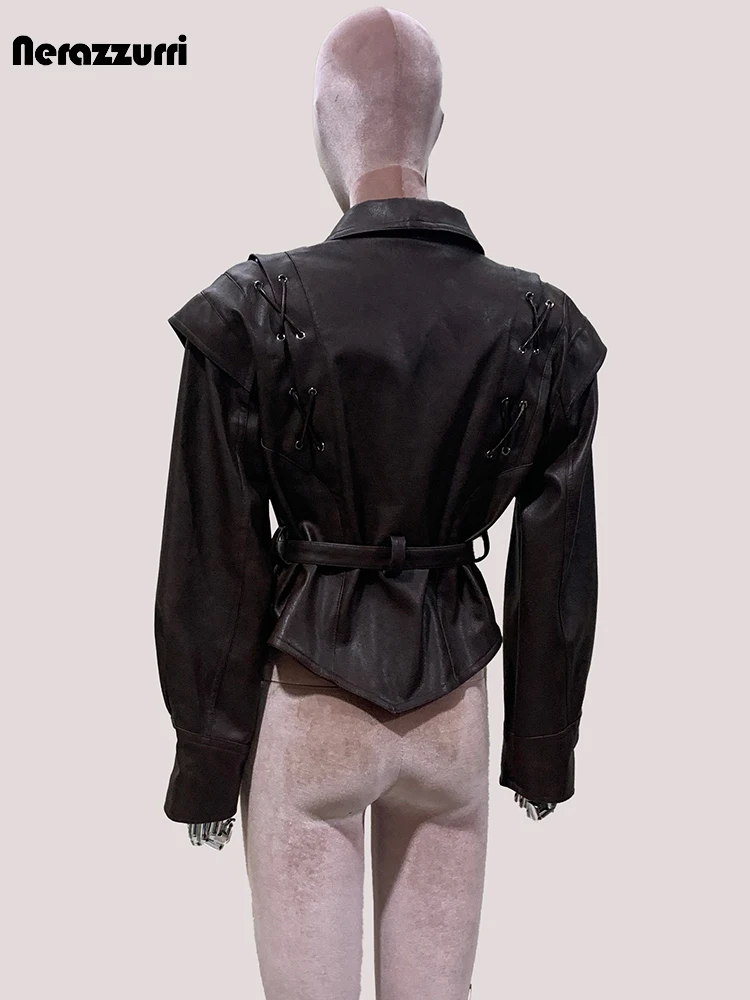 Mauroicardi Autumn Retro Brown Short Asymmetrical Pu Leather Jacket Blazer Women Shawl Collar Lace Up Luxury Designer Clothes