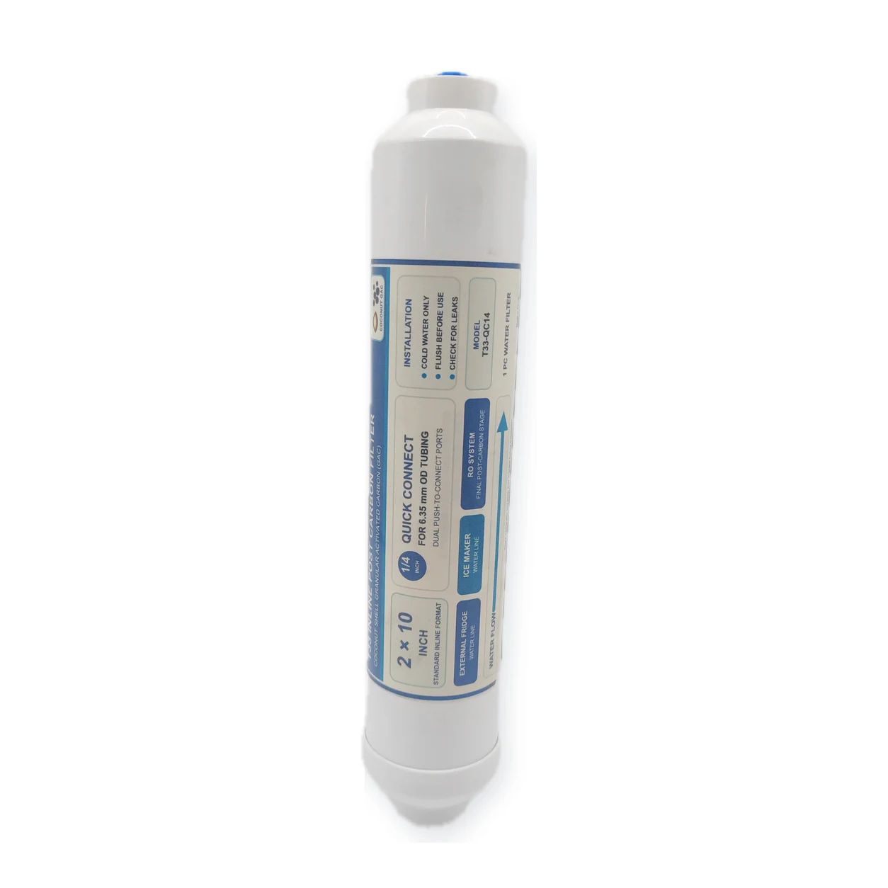 T33 External Refrigerator Water Filter 2 x 10 Inch Inline 1/4 Inch Quick Connect Coconut Shell GAC for Ice Maker RO System