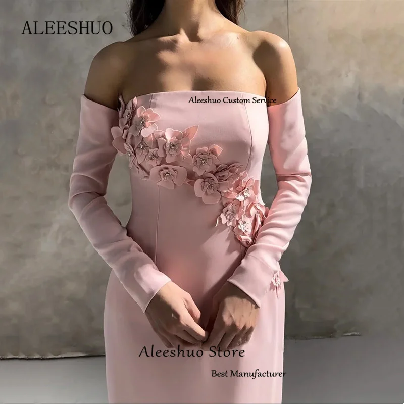 Aleeshuo-Vestidos de Noche elegantes con abertura larga, apliques de satén, vestido de graduación árabe saudita, mangas largas sin tirantes, sin espalda, hasta el tobillo