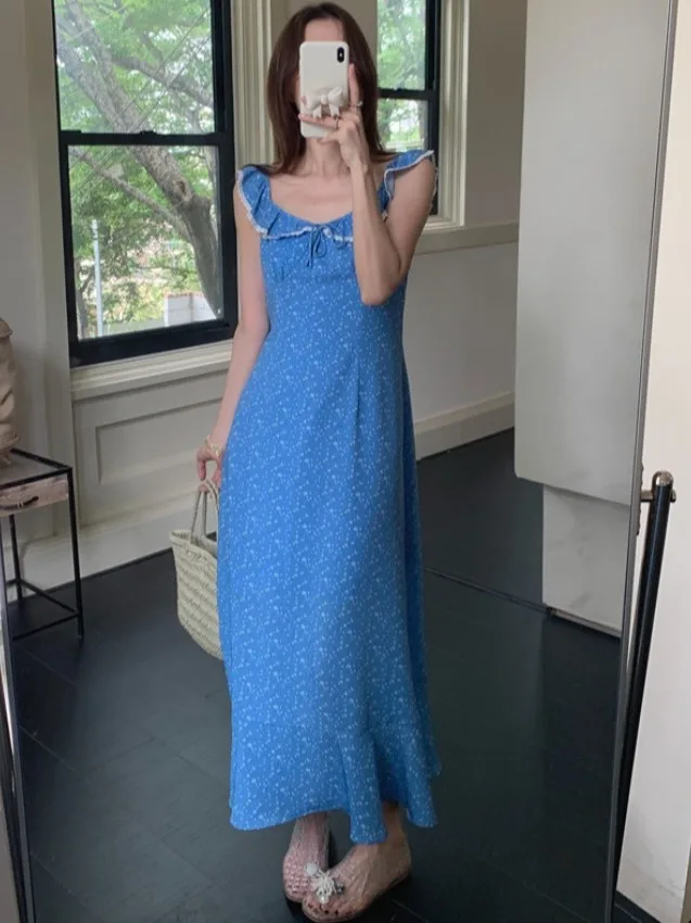 

Ele Vintage Summer Floral Dr with Ruffle Hem Waist Cinching Korean Japanese Sle Long Holiday Vibes Dr