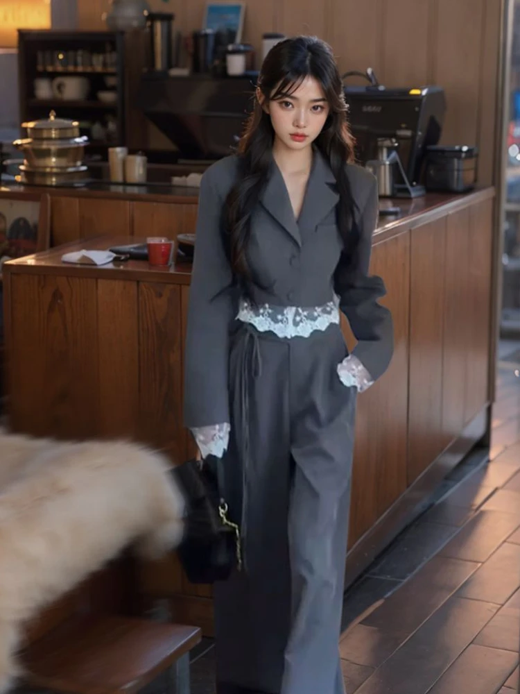 

Women's Sweet Edgy Grey Suit Set-High Waist Wide Leg Pants Lace Trim&Cropped Blazer Vintage Office Casual Outfit Spring Autumn