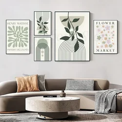 1pc Sage Green Leaf Geometry Line Matisse Abstract Boho Wall Art Canvas Painting Poster HD Home Room Bar Cafe Decor Art