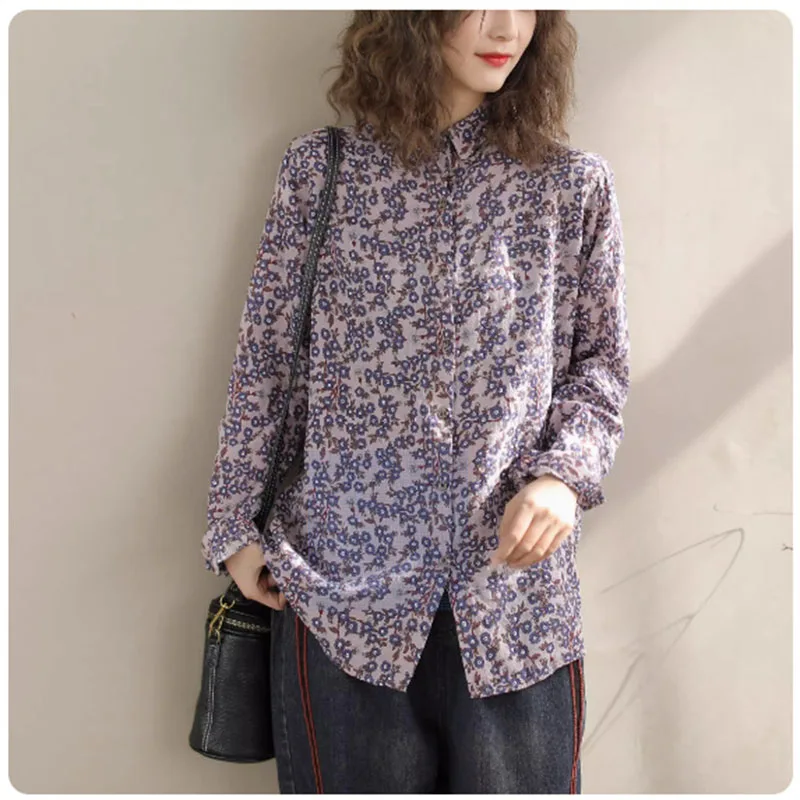 Elegant Women Blouse 2024 Spring Autumn Vintage Temperament Top Long Sleeve Floral Print Lapel Office Slim Thin Fit Female Shirt