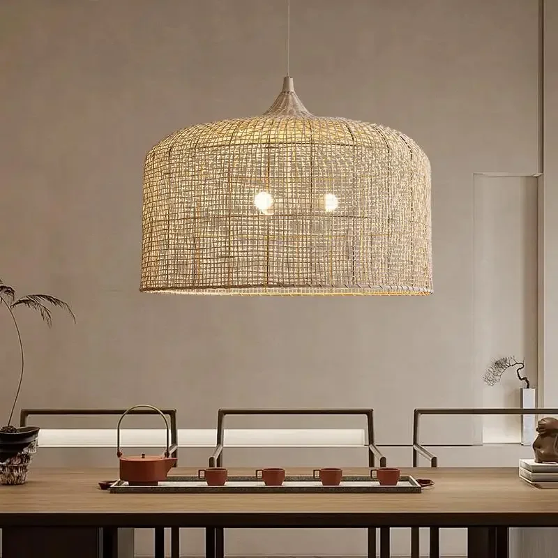 SANDYHA Japanese Retro Rattan Pendant Lights Restaurant Chandelier for Living Room Dining Table Lighting Fixture Home Decoration