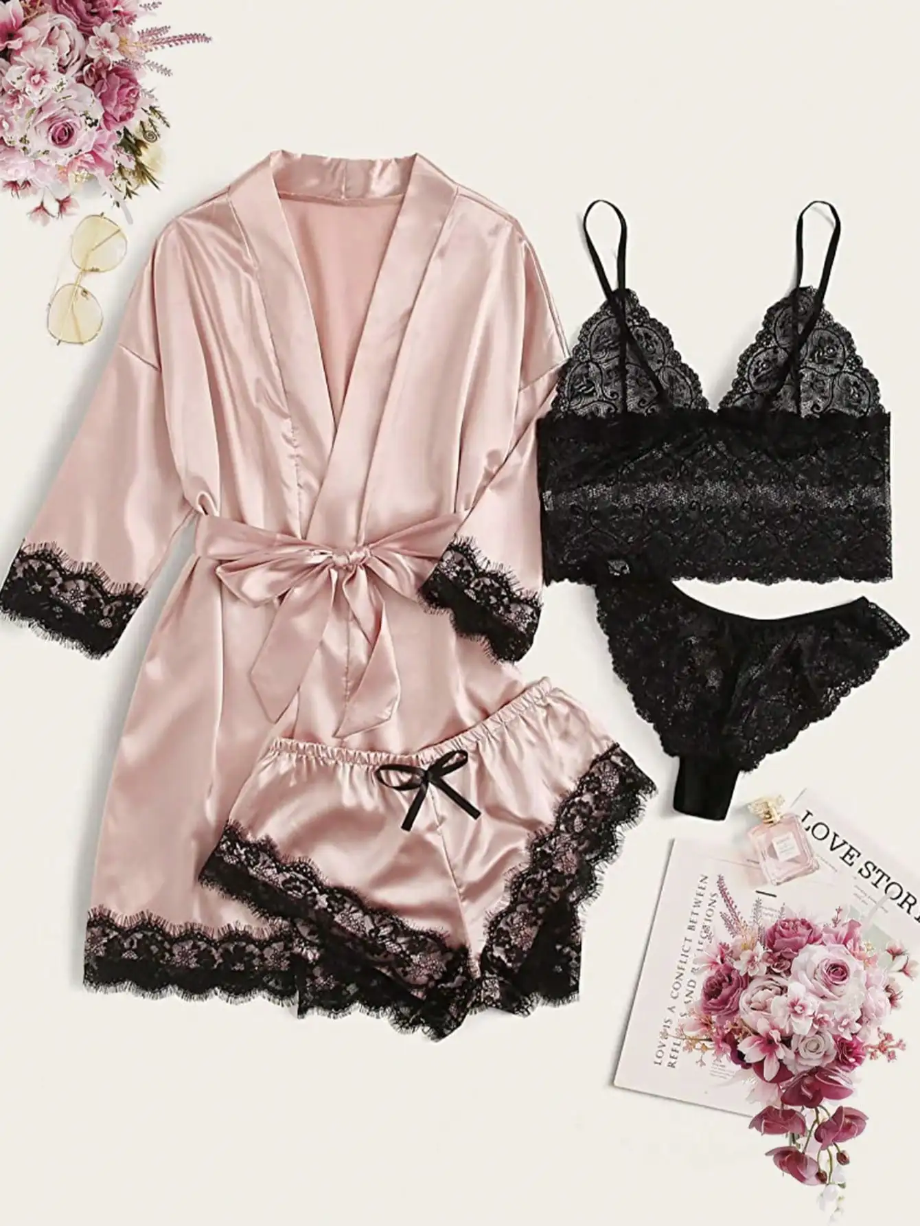 4-Piece Women's Satin & Lace Sleep Set: Robe, Camisole, Shorts, Panty