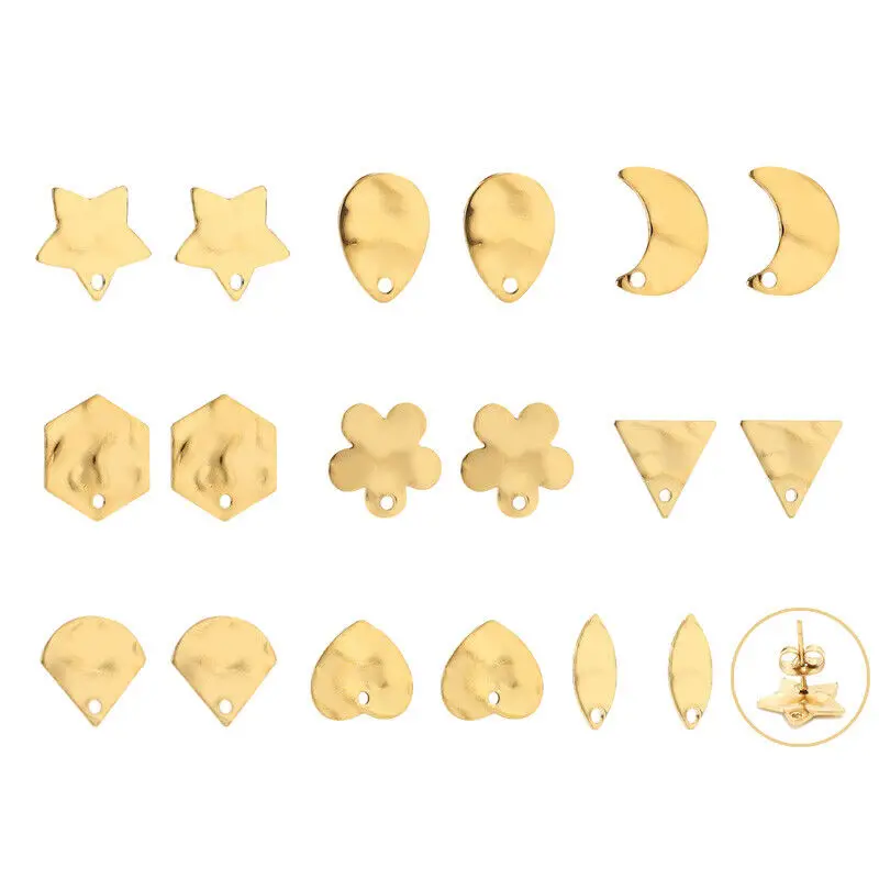 10pcs 18k Gold Plated Stainless Steel uneven different Shape Heart Star Flower Earring Post with ring for DIY Jewelry Making