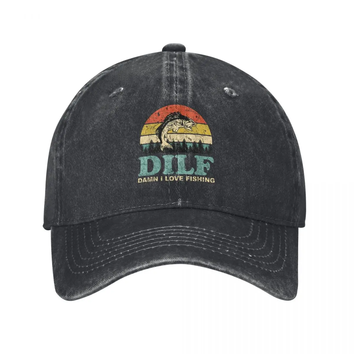 DILF Damn I Love Fishing Baseball Cap Retro Distressed Denim Funny Saying Fisherman Snapback Cap Unisex Outdoor Activities Hat