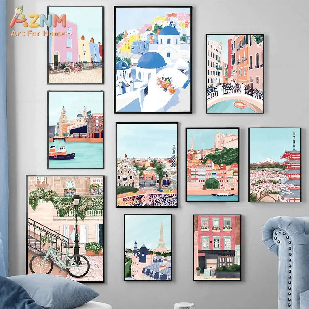 AZNM World Travel City Landscape Canvas Wall Art Colorful Europe Asia Famous Building Illustration Print Frameless Canvas Painti