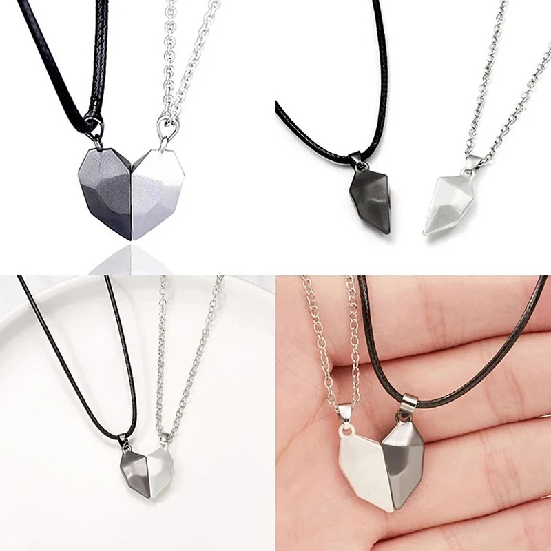 2 Pcs Simple Trendy Magnetic Couple Necklace Friendship Heart Pendant Necklace For Men Women Valentine Day Gift Jewelry