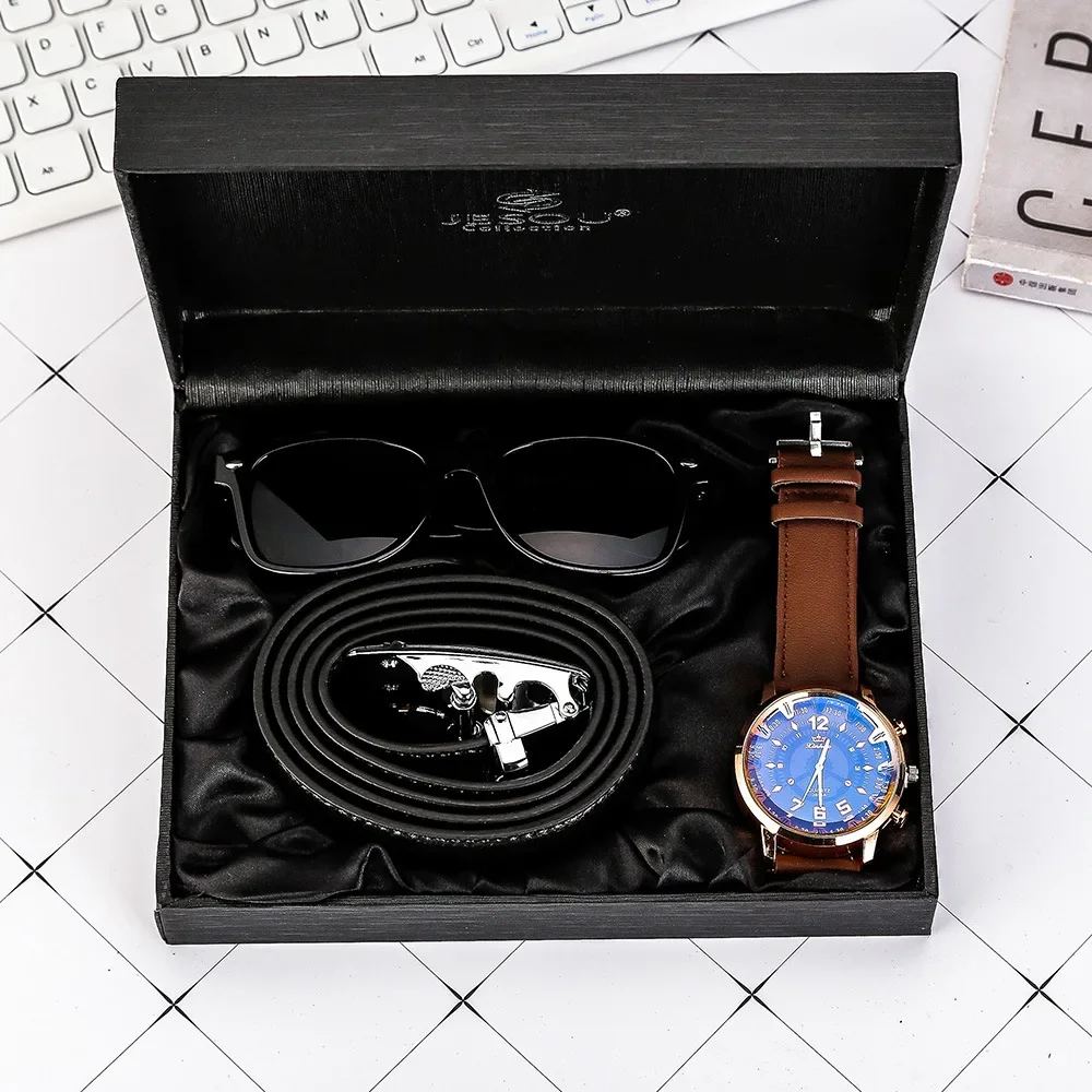 3Pcs/Set Fashion Mens Watches Set Gifts Box Luxury Watch for Men Best Gifts Mens Glasses Belt Wristwatch Set with Box Male Clock