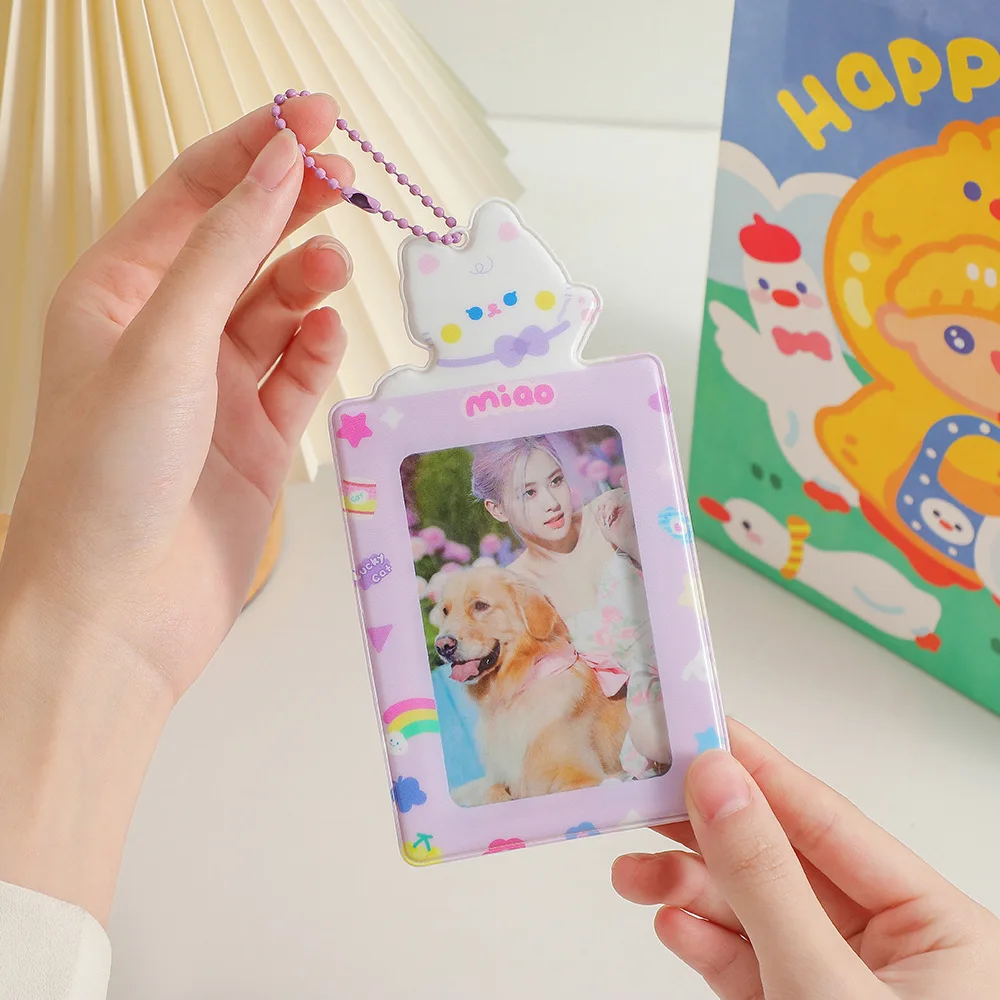 

SKYSONIC Kawaii Cat 3 Inch Idol Photocards Storage Keychains Sweet Girls Bus Card Holder Korea Cute Student Stationary